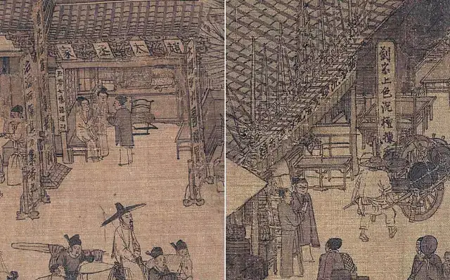 《清明上河图》繁华的商业街景中出现了众多悬挂招牌的商店，如“赵太丞家”和“刘家上色沉檀拣香” 