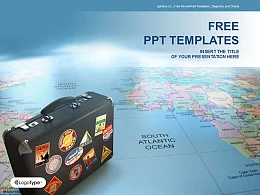 贴满标签的旅行箱背景世界地图PPT模板下载