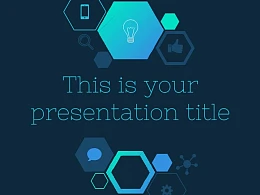 六边形简易图标深蓝色背景PPT模板下载